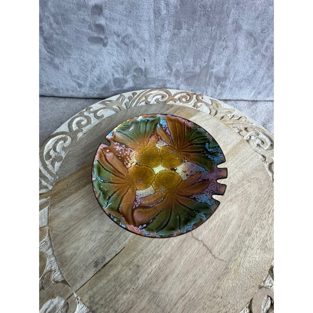 (Chipped) Vintage Hilbert StudioEnamelCopper Scalloped Bowl Iridescent 6" Signed